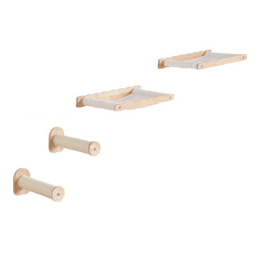Two hammock shelves and two sisal-wrapped posts in natural wood on a white background
