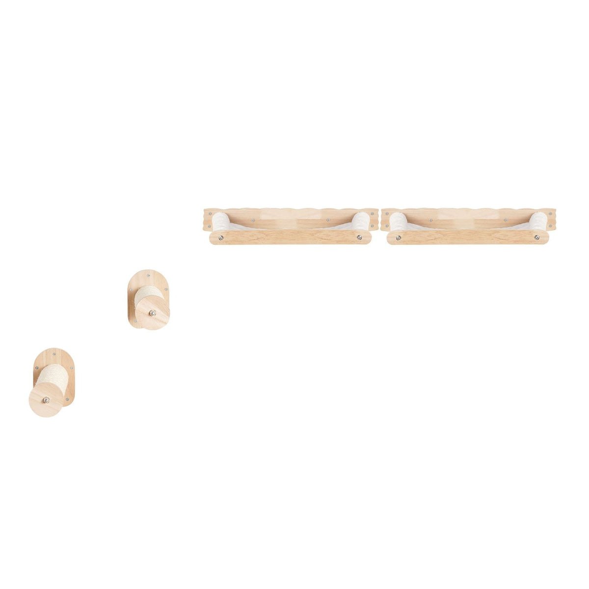 Front view of the two hammock shelves and two sisal posts in natural wood on white