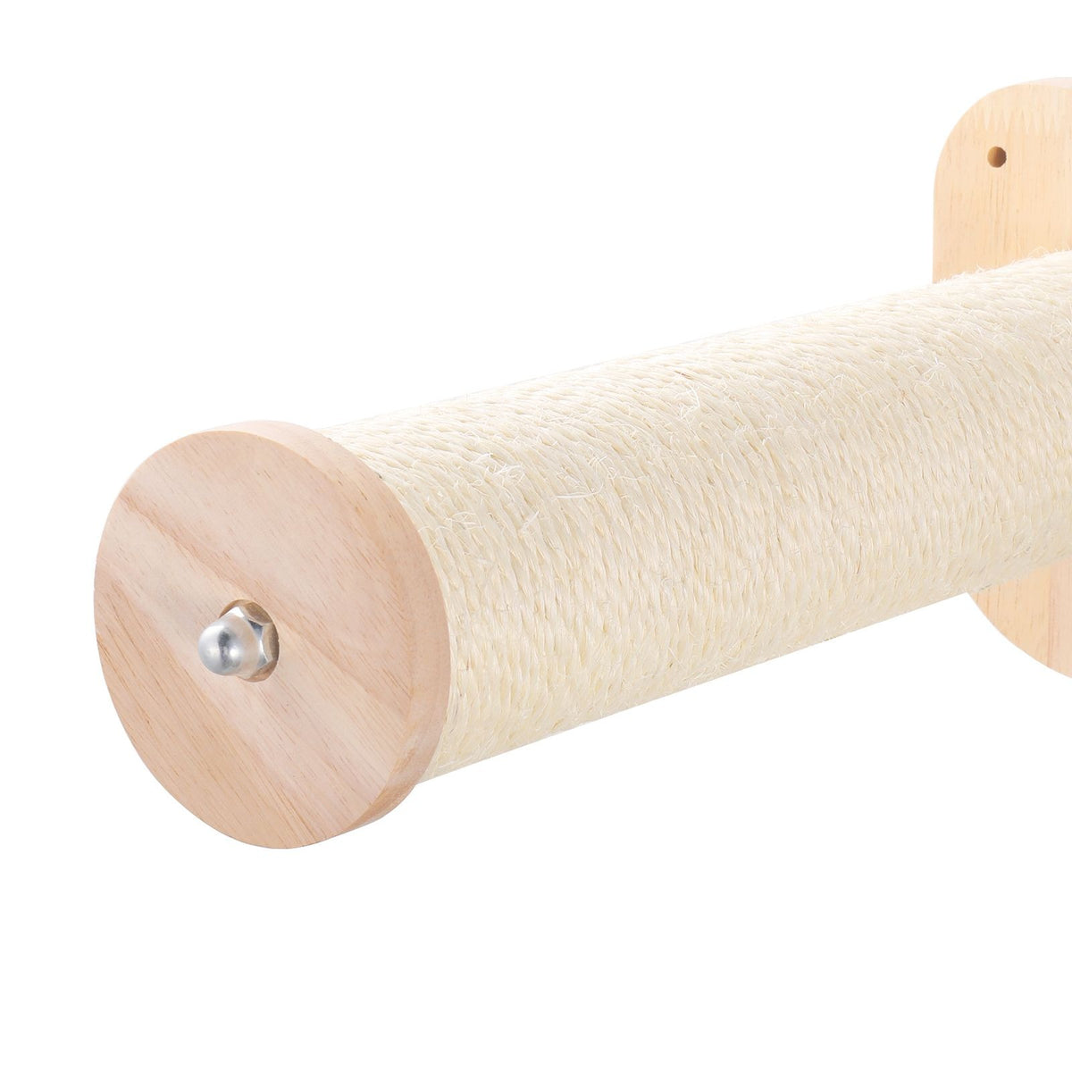 Close-up of a sisal-wrapped post with a round wooden end cap and a wooden wall plate