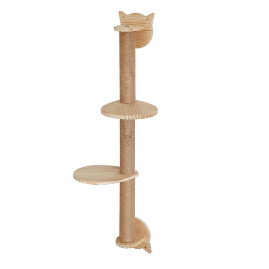 Wall-mounted sisal cat scratching post with a cat-head top and two round wooden perches