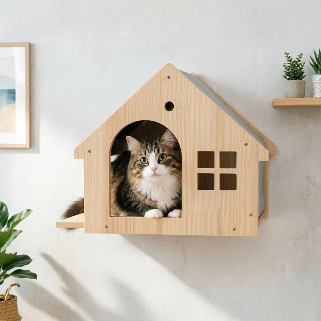 Wooden cat house mounted on a white wall with a cat looking out of the door