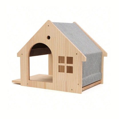 Natural wood wall-mounted cat house with a grey fabric roof, arched door and window cut-outs
