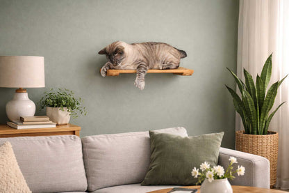 Wall-Mounted Cat Shelf for Indoor Cats, Solid Bamboo Floating Perch with Optional Faux Fur Plush Bed, Space-Saving Wall Furniture for Lounging & Climbing