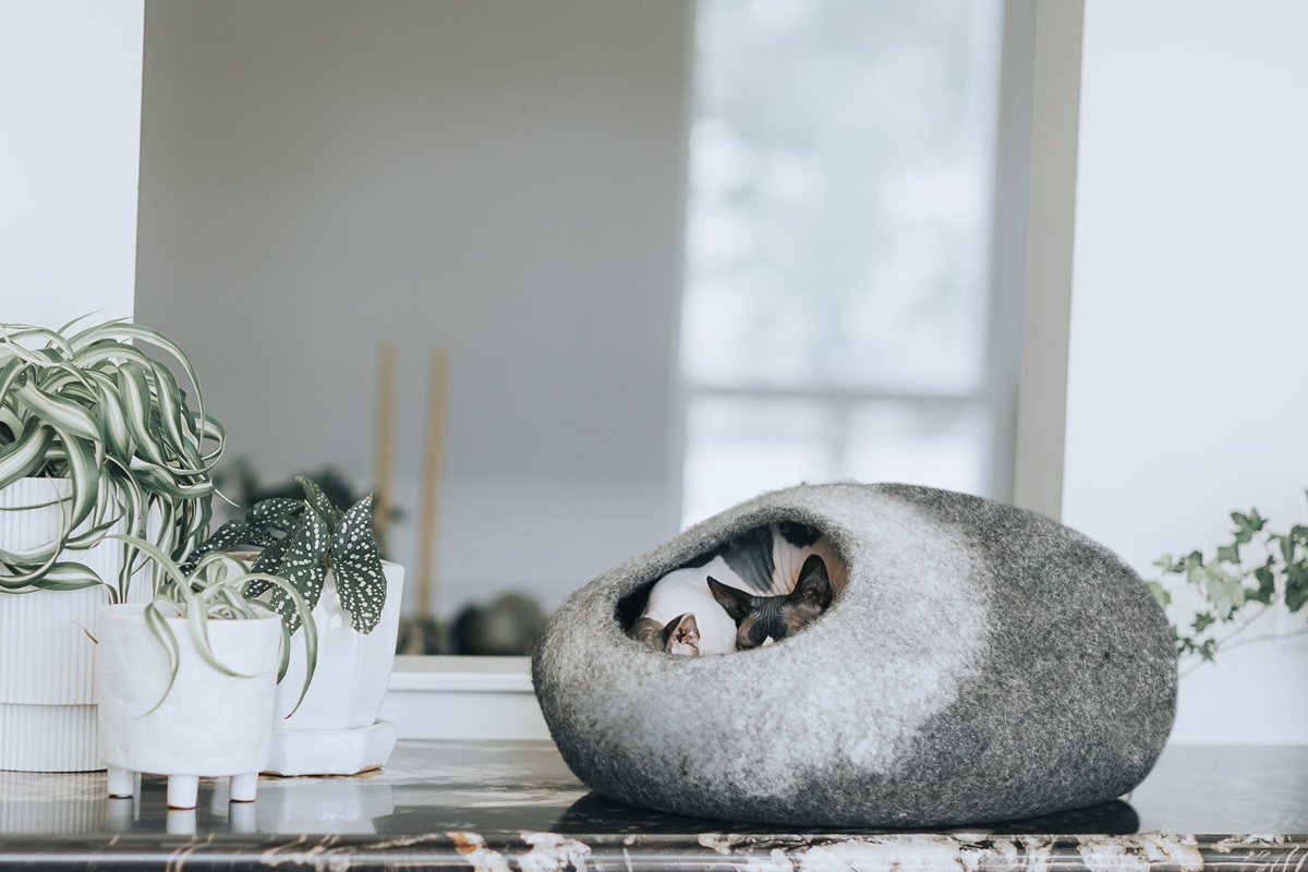 Gradient Wool Felt Cat Cave for Indoor Cats & Kittens, Modern Calming Hideaway Bed for Hiding & Napping, for Living Rooms, Bedrooms & Quiet Corners