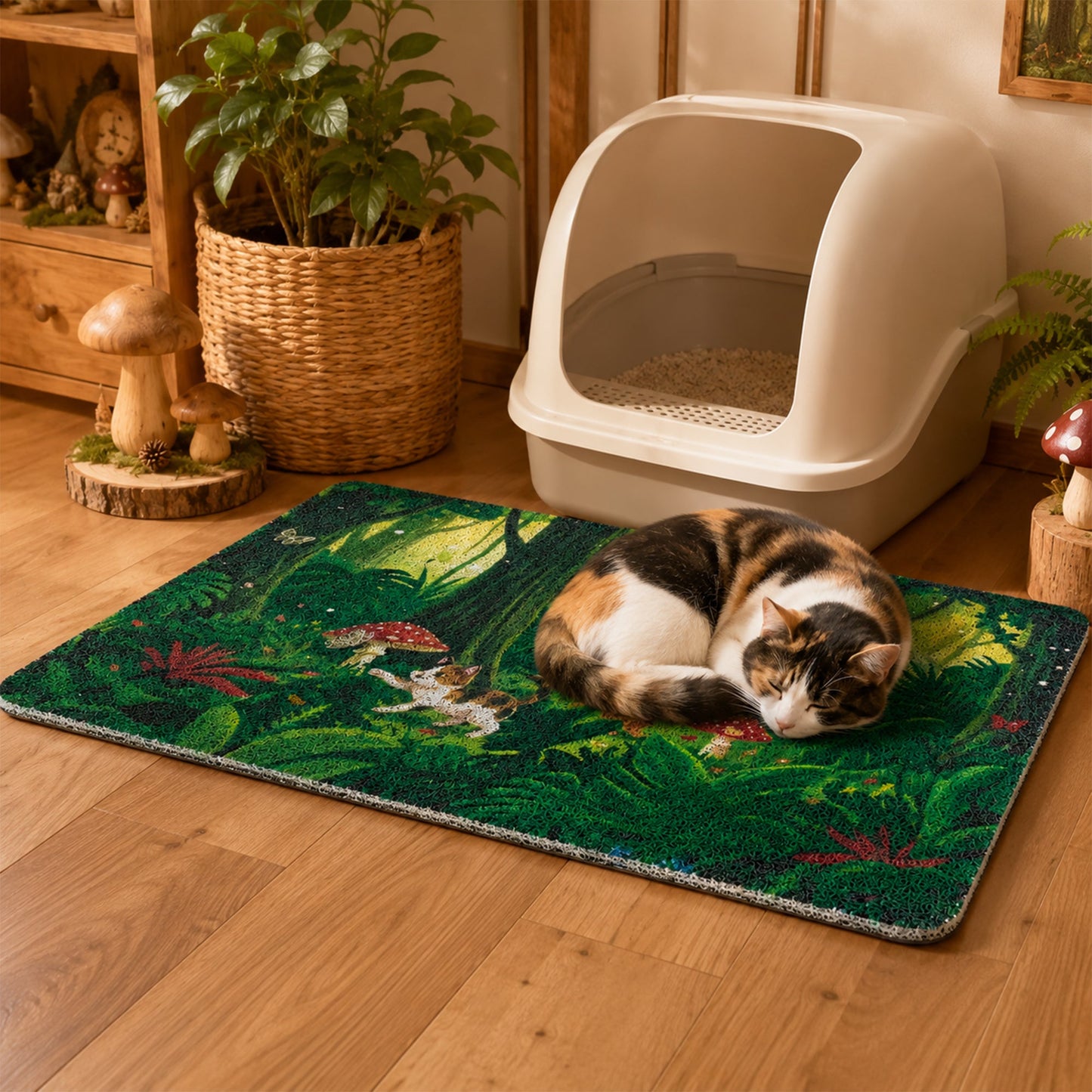 Tropical Jungle Cat Litter Mat for Indoor Cats, Litter Trapping Non-Slip Waterproof Paw-Friendly Rug, Easy Clean, for Litter Boxes & Pet Corners