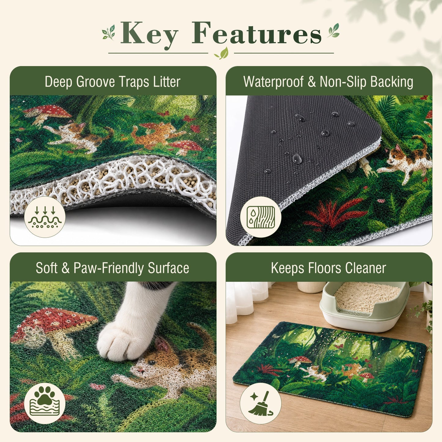 Tropical Jungle Cat Litter Mat for Indoor Cats, Litter Trapping Non-Slip Waterproof Paw-Friendly Rug, Easy Clean, for Litter Boxes & Pet Corners