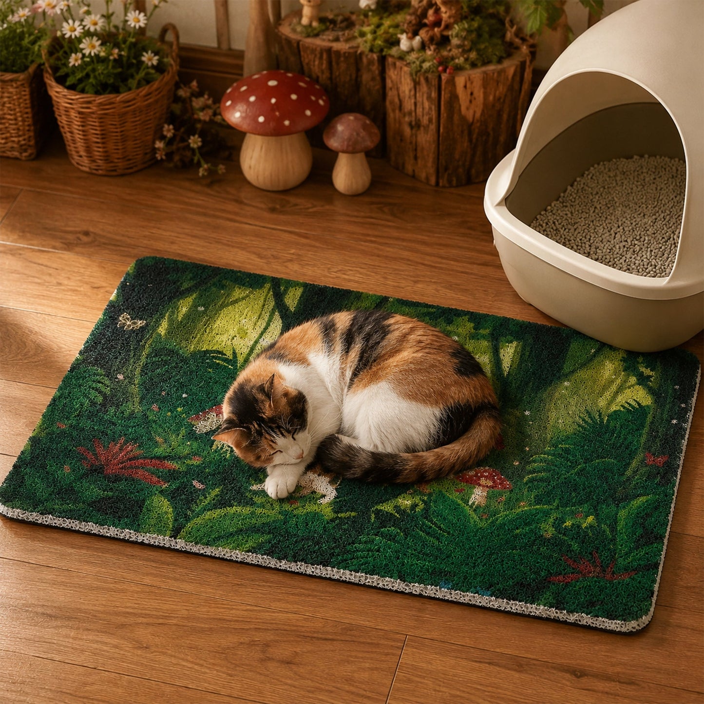 Tropical Jungle Cat Litter Mat for Indoor Cats, Litter Trapping Non-Slip Waterproof Paw-Friendly Rug, Easy Clean, for Litter Boxes & Pet Corners