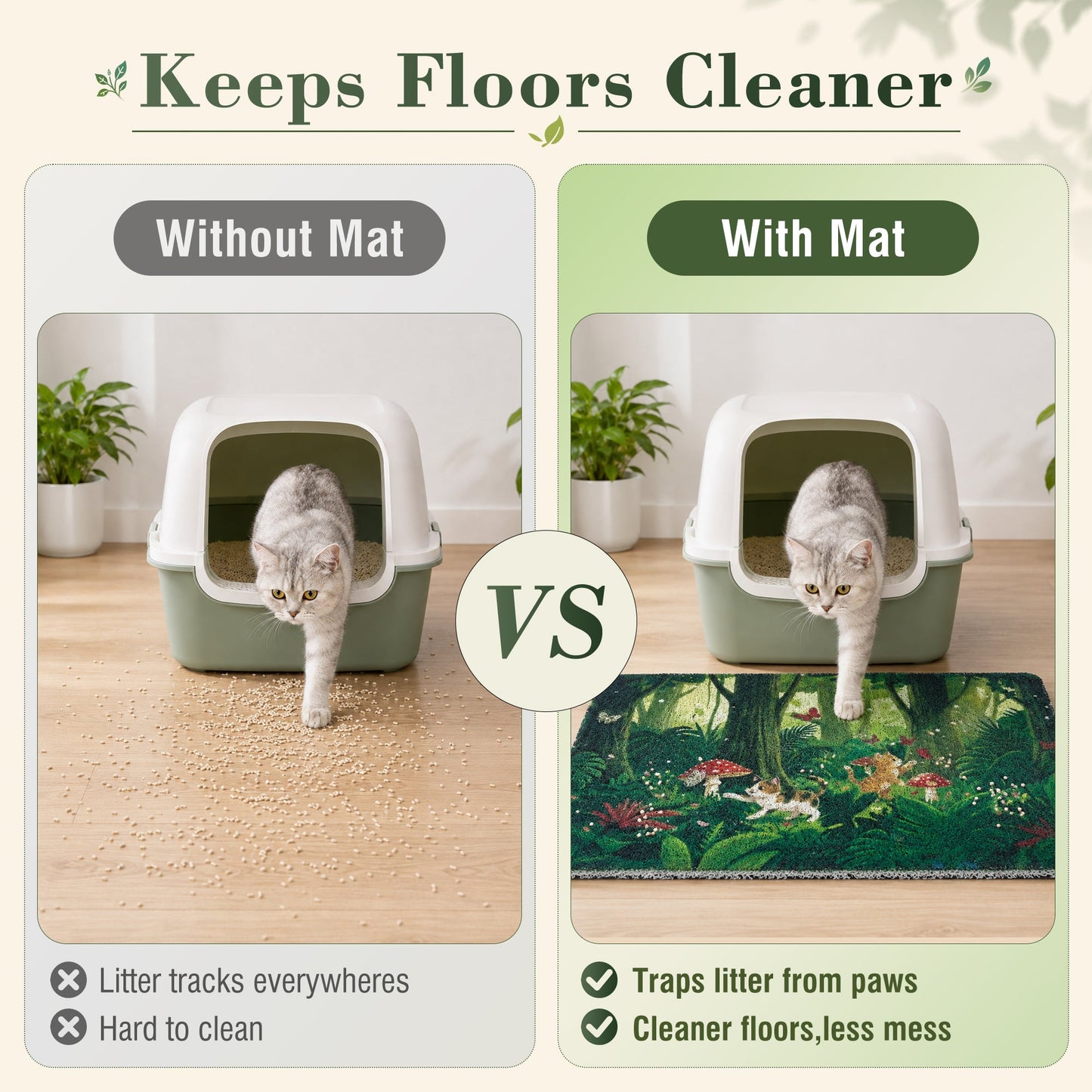 Tropical Jungle Cat Litter Mat for Indoor Cats, Litter Trapping Non-Slip Waterproof Paw-Friendly Rug, Easy Clean, for Litter Boxes & Pet Corners