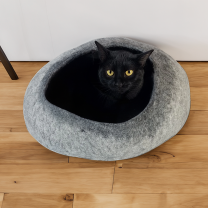 Graphite Ombre Wool Cat Cave for Indoor Cats, Hand-Felted Merino Wool Hideaway Bed, Cozy Enclosed Pet Cave for Napping, Hiding & Quiet Retreats