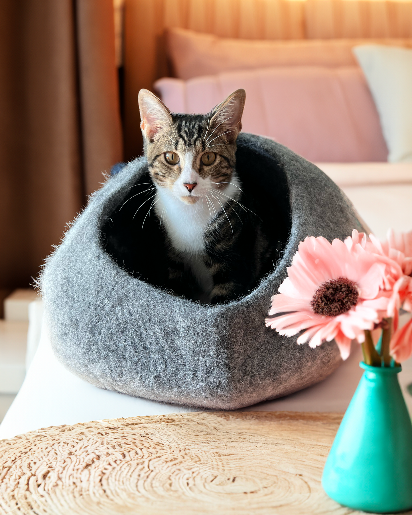 Graphite Ombre Wool Cat Cave for Indoor Cats, Hand-Felted Merino Wool Hideaway Bed, Cozy Enclosed Pet Cave for Napping, Hiding & Quiet Retreats