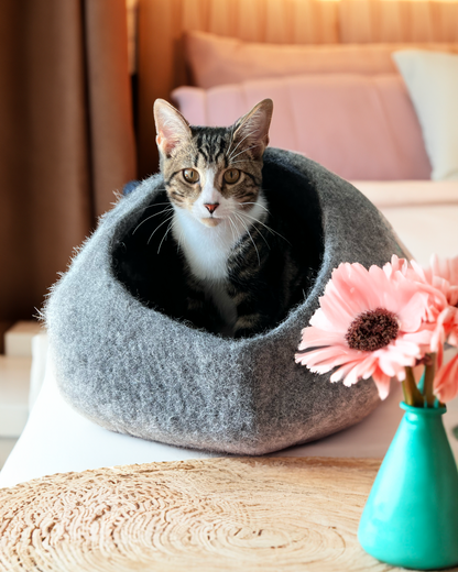 Graphite Ombre Wool Cat Cave for Indoor Cats, Hand-Felted Merino Wool Hideaway Bed, Cozy Enclosed Pet Cave for Napping, Hiding & Quiet Retreats